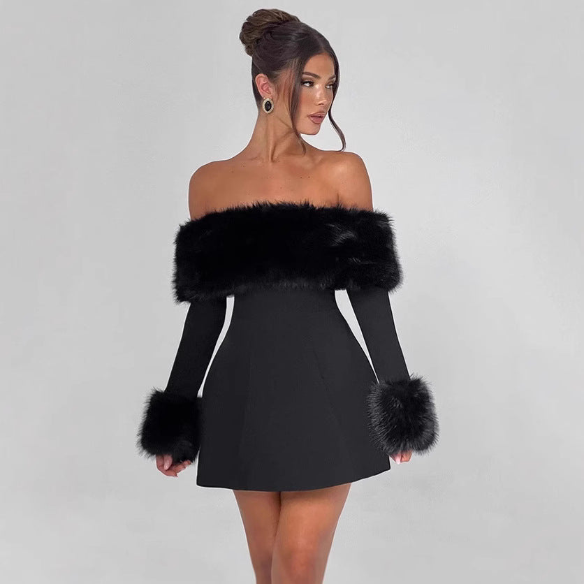 Damen Off-Shoulder Cocktailkleid mit eleganten Flauschesäumen Heidi-Mode