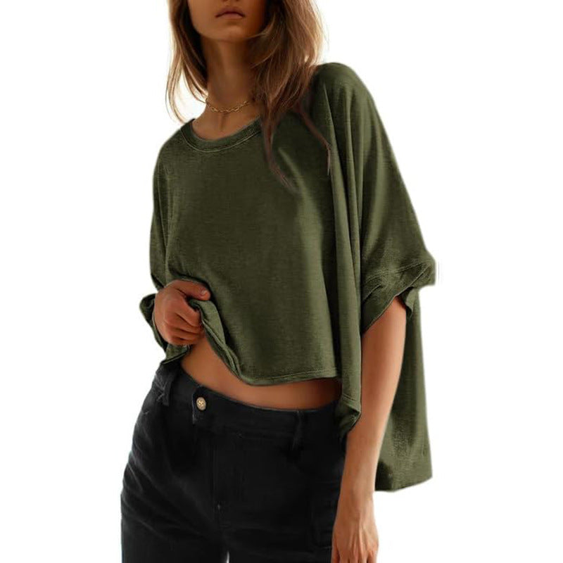 Damen lässiges cropped Oberteil mit weiten Ärmeln und Rundhalsausschnitt Heidi-Mode