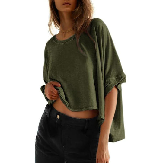Damen lässiges cropped Oberteil mit weiten Ärmeln und Rundhalsausschnitt Heidi-Mode