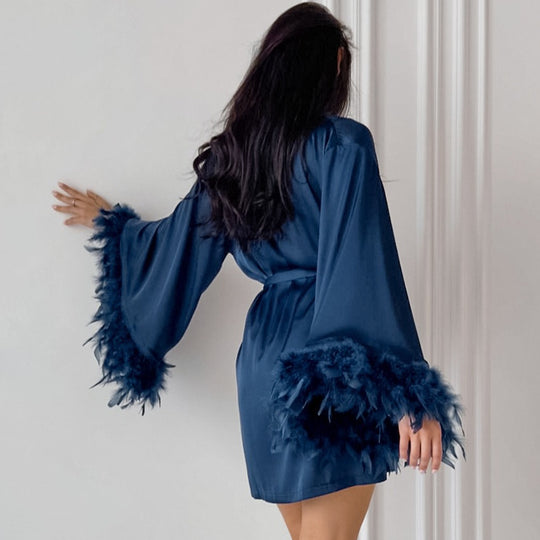 Damen Satin Kimono mit Federn Heidi-Mode