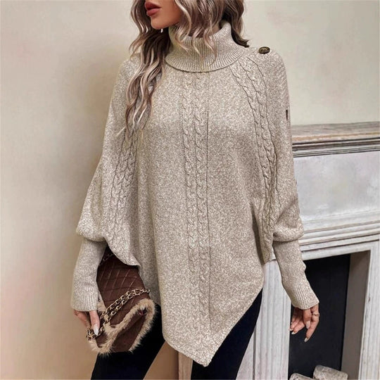 Damen Oversized Pullover mit hohem Kragen und dekorativem Zopfdesign Heidi-Mode