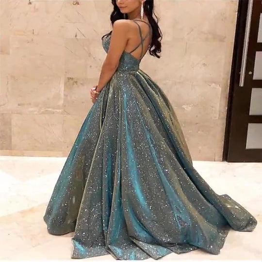 Heidi-Mode | Damen Spaghettiträger V-Ausschnitt A-Linie Glitzer Maxikleid