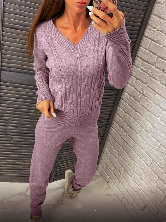 Damen Strickpullover und Jogginghose Set mit Zopfmuster Heidi-Mode