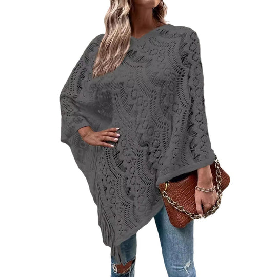 Damen eleganter Poncho mit dekorativem Häkelmuster Heidi-Mode