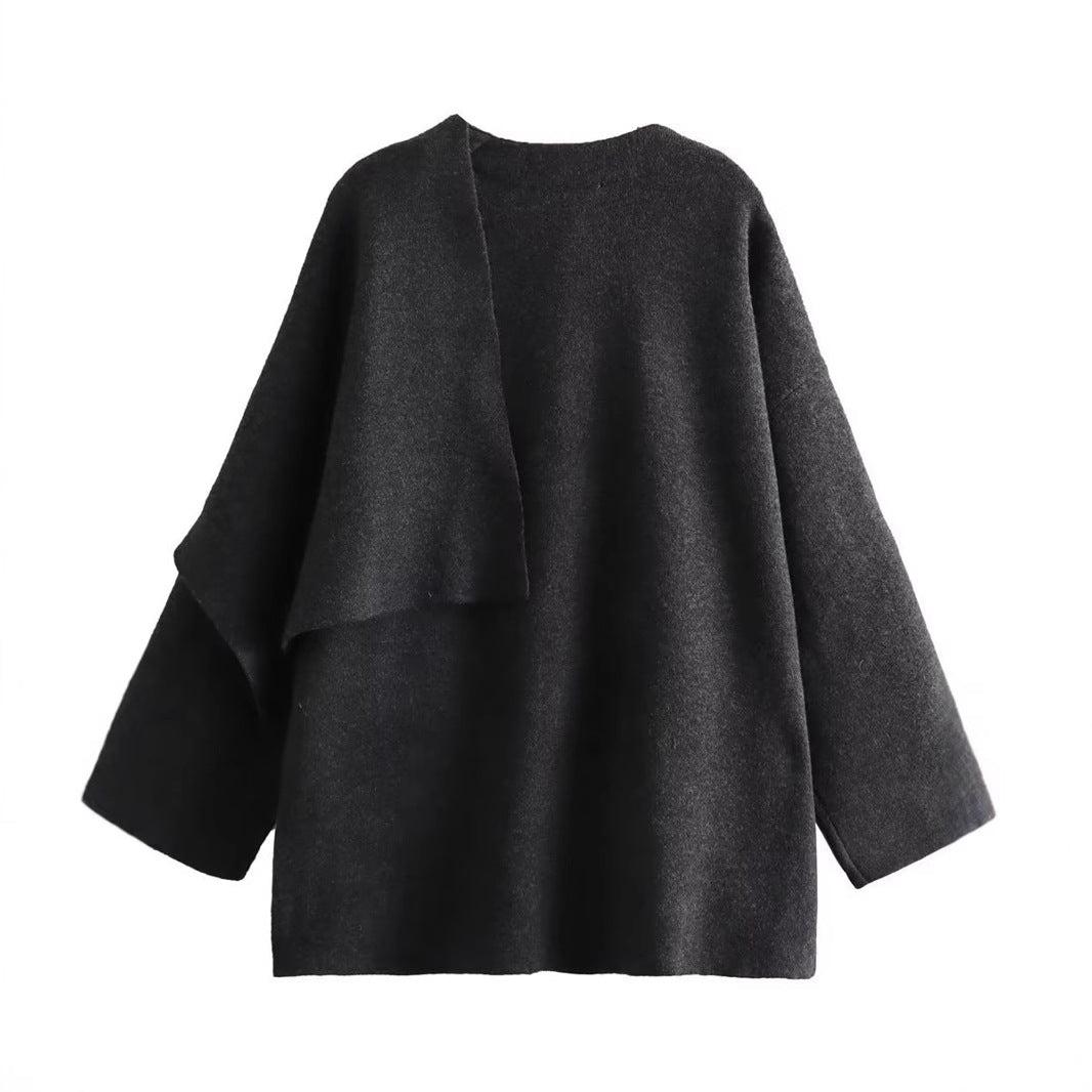 Damen schicke Wollumhangjacke mit asymmetrischem Schnitt und dekorativem Knopf Heidi-Mode