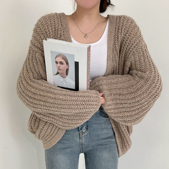 Damen Grobstrick Cardigan mit lässigem Schnitt und voluminösen Ärmeln Heidi-Mode