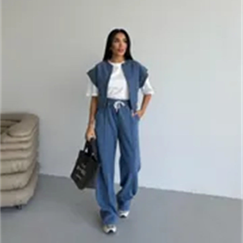 Damen sportliches Twin-Set mit kurzem Reißverschluss und weiten Hosen Heidi-Mode