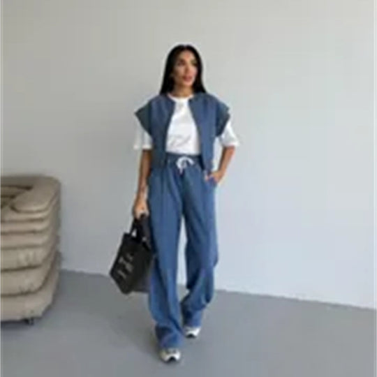 Damen sportliches Twin-Set mit kurzem Reißverschluss und weiten Hosen Heidi-Mode