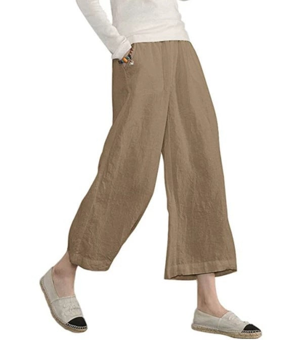 Damen weite Leinenhose mit seitlichen Taschen und elastischem Bund Heidi-Mode
