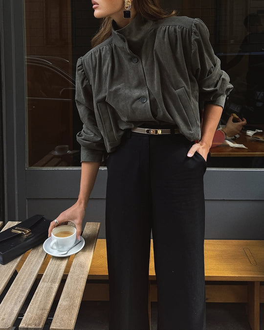 Damen Oversized Bluse mit schickem Plissee-Design und eleganten Knopfdetails Heidi-Mode