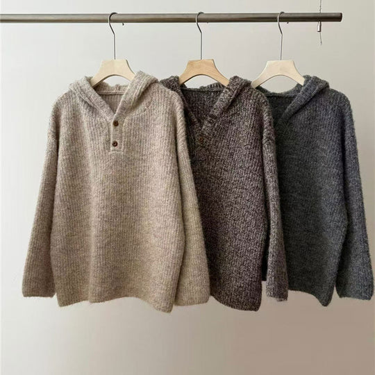 Damen bequemer Strickpullover mit Knopfleiste und Kapuze Heidi-Mode