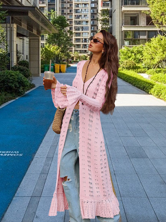 Damen Großer Strickcardigan mit offener Maschenstruktur und weit geschnittenen Ärmeln Heidi-Mode