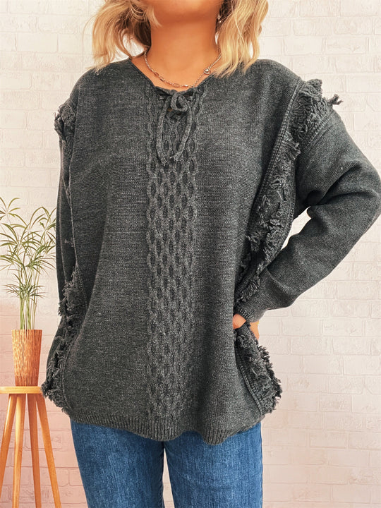 Damen Oversize-Strickpullover mit verspieltem Fransen-Design und Zopfmuster Heidi-Mode