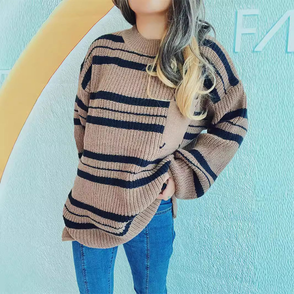 Damen lässiger Strickpullover mit modernem Streifenmuster Heidi-Mode