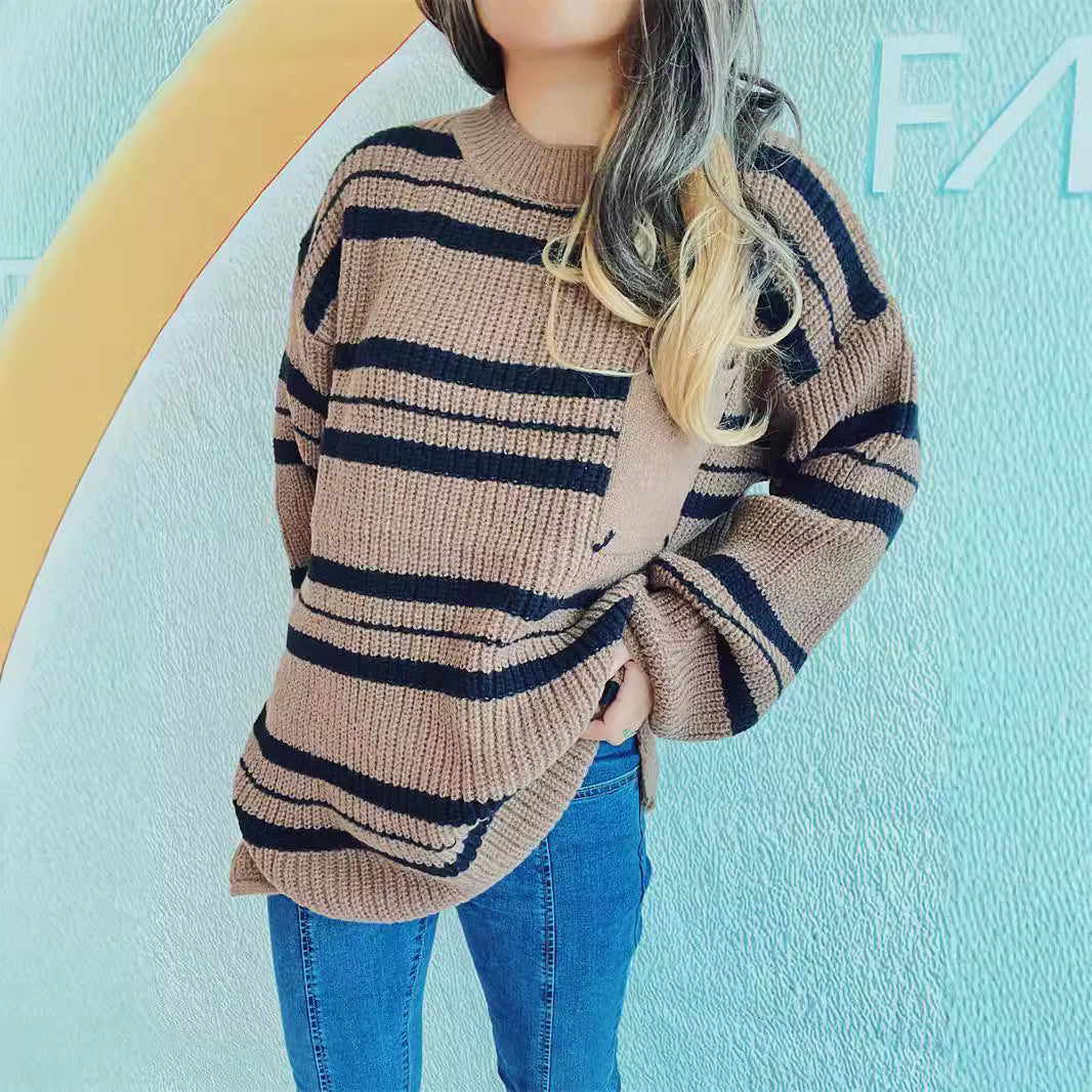 Damen lässiger Strickpullover mit modernem Streifenmuster Heidi-Mode