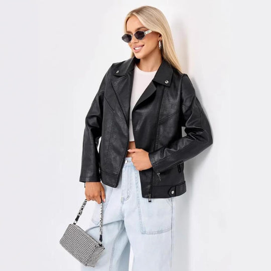 Damen hochwertige Kunstlederjacke im Biker-Stil mit asymmetrischem Reißverschluss Heidi-Mode