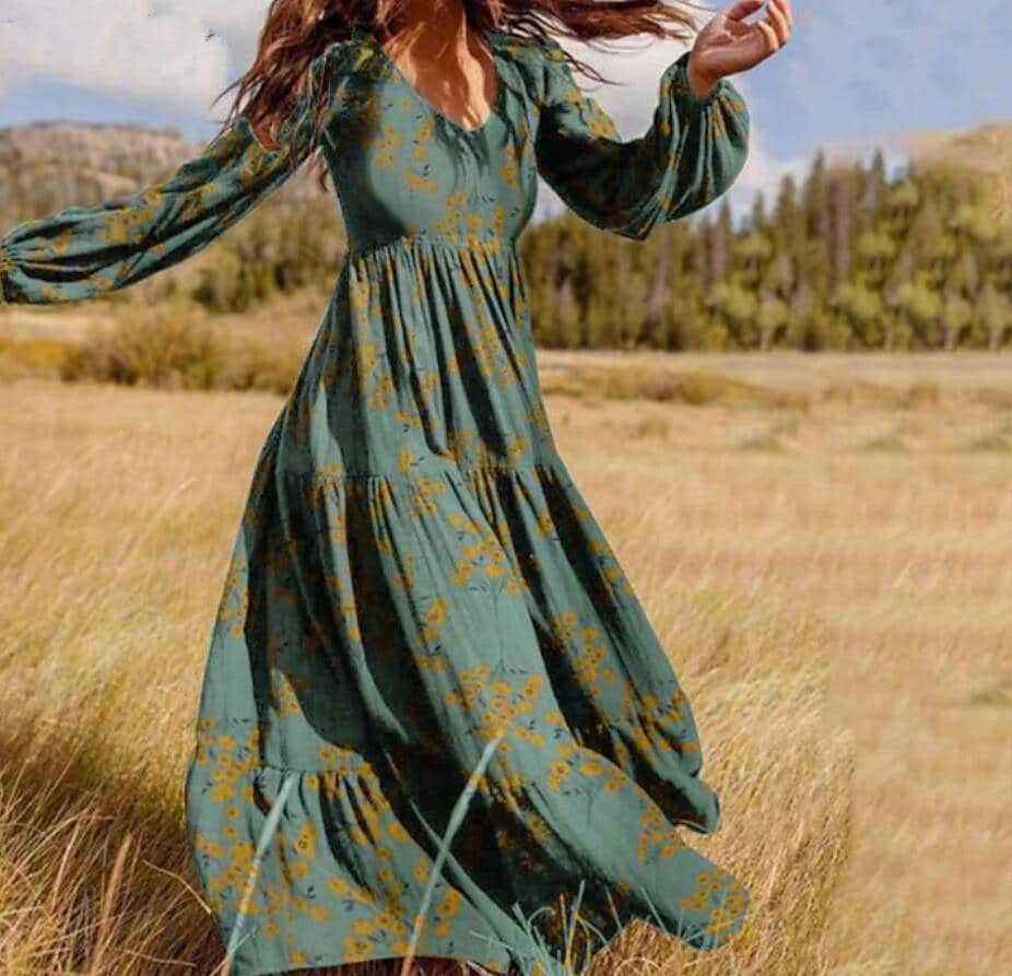 Damen Boho-Langarmkleid mit floralen Akzenten und schwingendem Saum Heidi-Mode
