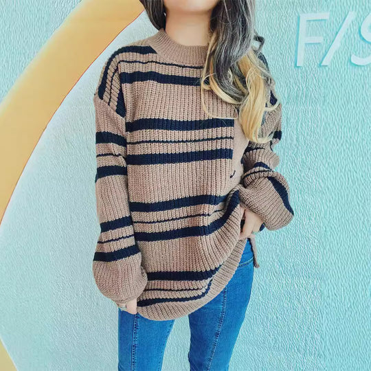 Damen lässiger Strickpullover mit modernem Streifenmuster Heidi-Mode