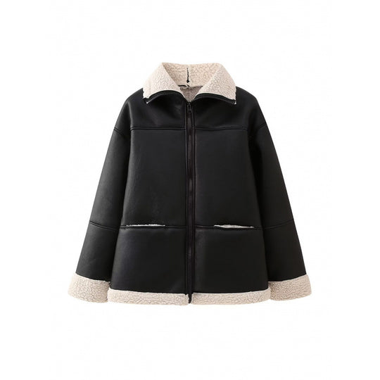 Damen Kunstlederjacke mit gemütlichem Teddyfutter und praktischen Taschen Heidi-Mode