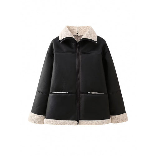 Damen Kunstlederjacke mit gemütlichem Teddyfutter und praktischen Taschen Heidi-Mode