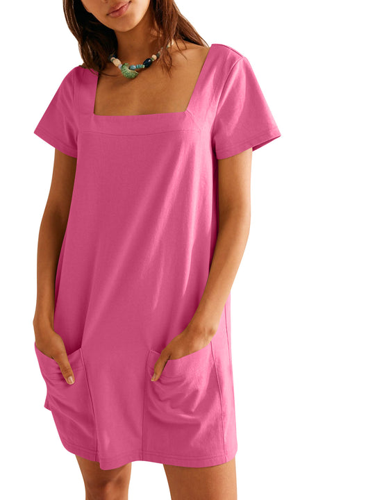 Damen lockeres Sommerkleid mit quadratischem Ausschnitt und praktischen Taschen Heidi-Mode