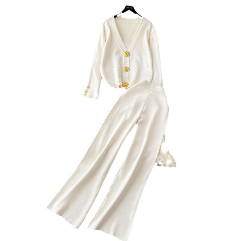 Damen elegantes Strick-Loungewear-Set mit dekorativen Knöpfen und weitem Bein Heidi-Mode