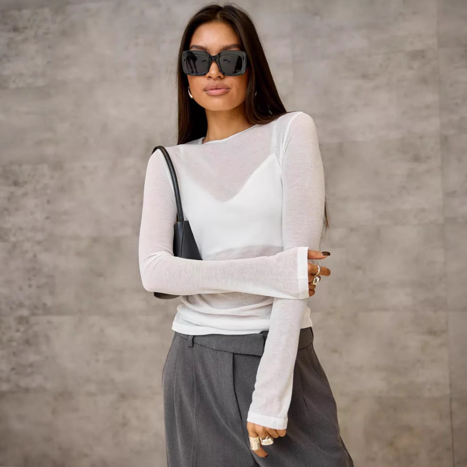 Damen Langarmshirt mit eleganten V-Ausschnitt und feinem Netzstoff Heidi-Mode