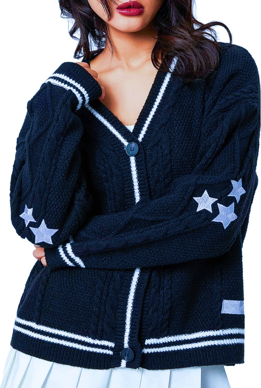 Damen Grob gestrickte Cardigan mit Sternenapplikationen und Knopfverschluss Heidi-Mode