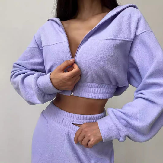 Damen sportliches Fleece-Set mit cropped Hoodie und elastischer Hose Heidi-Mode