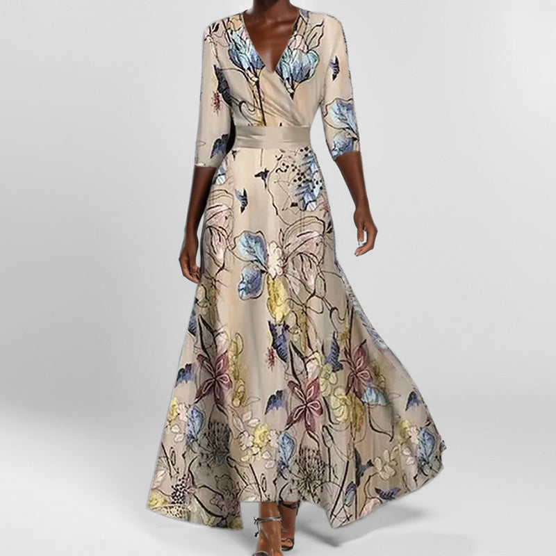 Heidi-Mode | Elegantes V-Ausschnitt Bedrucktes Taillenkleid mit Schößchen