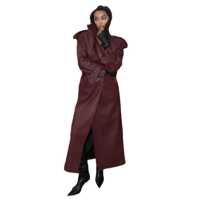 Damen Oversized Kunstleder-Trenchcoat mit hohem Kragen und abnehmbaren Gürtel Heidi-Mode