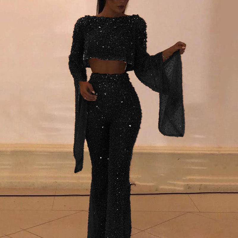 Damen Glitzerndes Zweiteiliges Set mit weitem Bein und langen Ärmeln Heidi-Mode