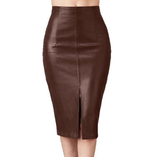 Damen Figurbetonter Kunstlederrock mit hoher Taille und Schlitz Heidi-Mode