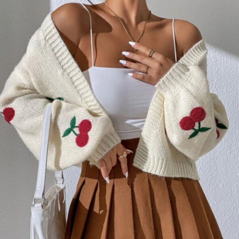 Damen Strickjacke mit floralem Kirschmotiv Heidi-Mode