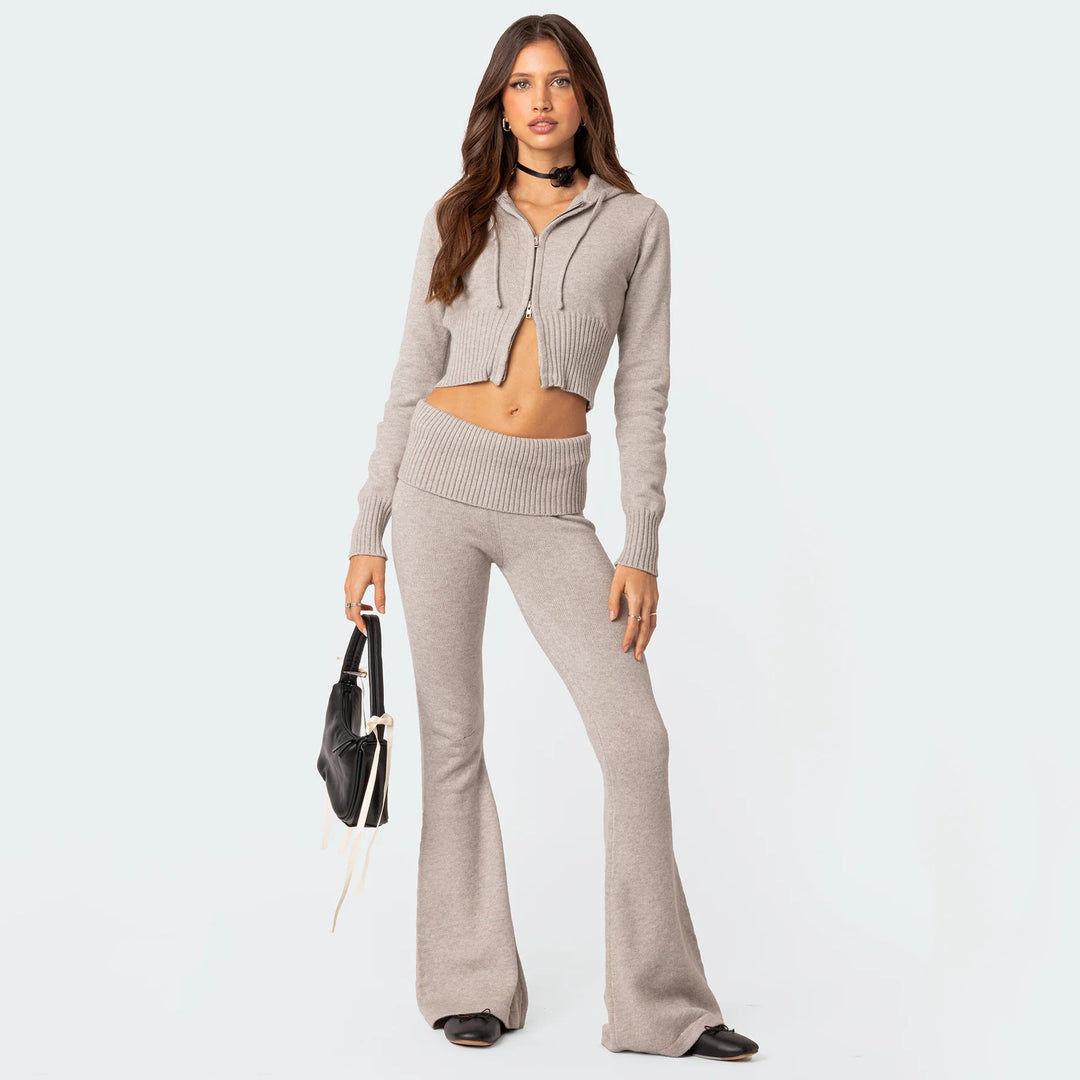 Damen modisches Cropped Strickoberteil mit Flared Pants Heidi-Mode