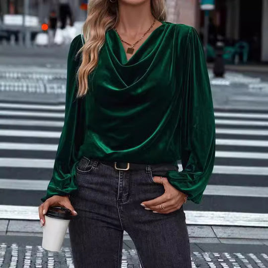 Damen elegante Bluse aus samtigem Material mit Drapé-Ausschnitt Heidi-Mode