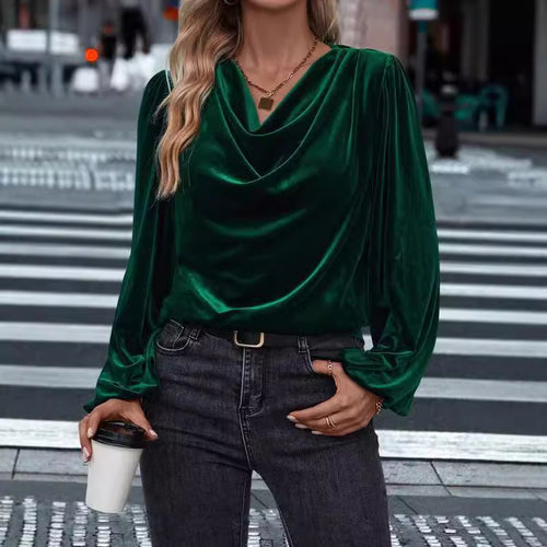 Damen elegante Bluse aus samtigem Material mit Drapé-Ausschnitt Heidi-Mode