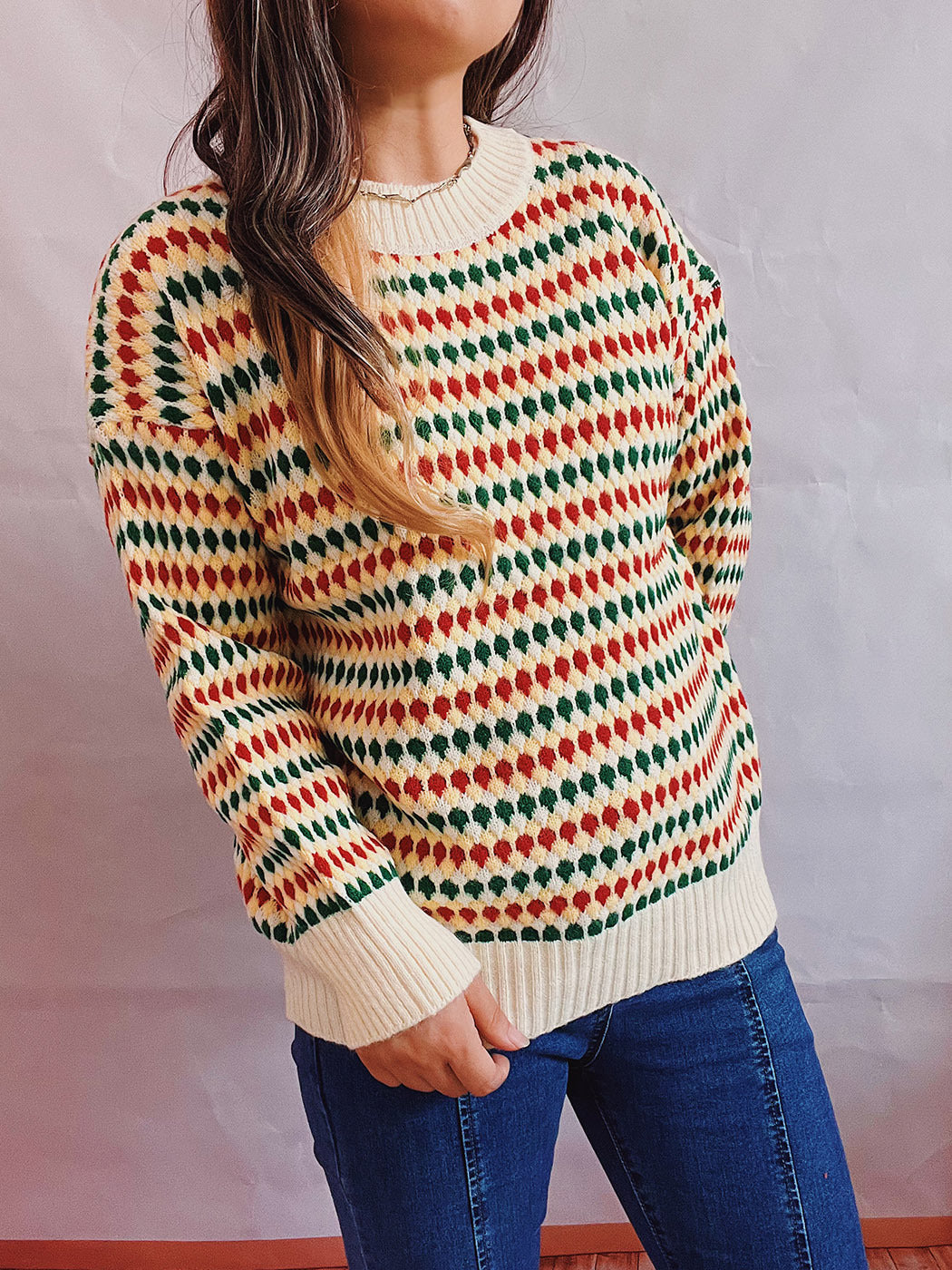 Damen lässiger Strickpullover mit buntem Rautenmuster und Rundhalsausschnitt Heidi-Mode