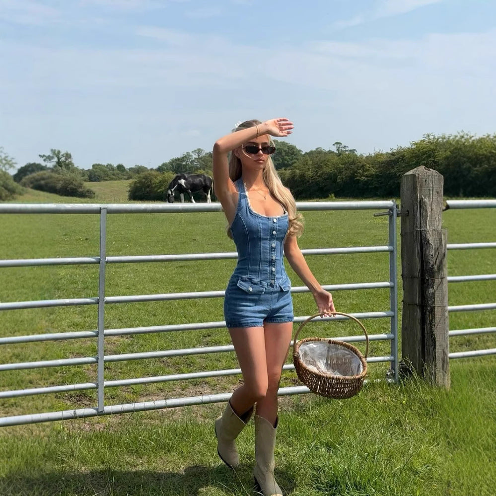 Damen Jeans Overall mit Hochkragen und Knopfleiste Heidi-Mode
