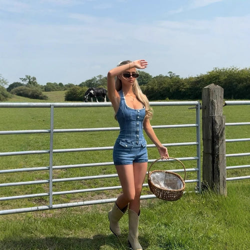 Damen Jeans Overall mit Hochkragen und Knopfleiste Heidi-Mode