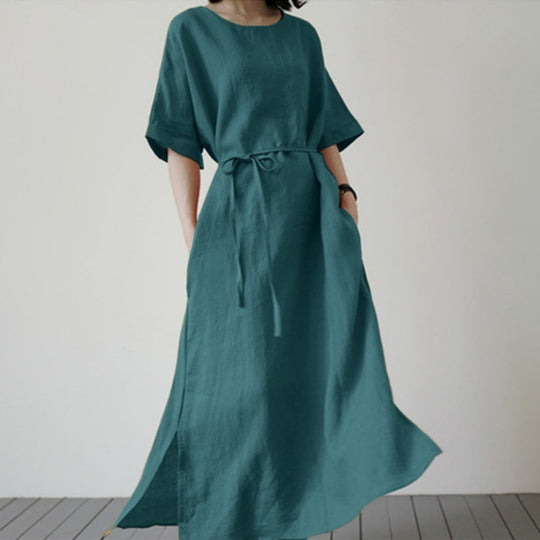 Damen Leinenmaxikleid mit weit geschnittenen Ärmeln und Taillengürtel Heidi-Mode