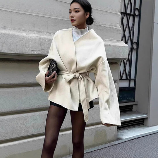 Damen modische Wickeljacke mit Gürtel und weiten Ärmeln Heidi-Mode