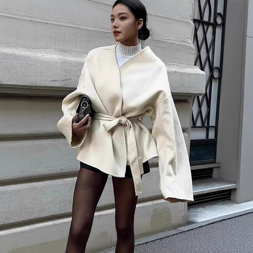 Damen modische Wickeljacke mit Gürtel und weiten Ärmeln Heidi-Mode
