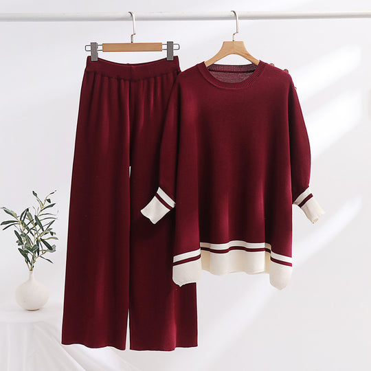 Damen lässiges Strick-Loungewear-Set mit modischem Kontrastsaum und weitem Schnitt Heidi-Mode