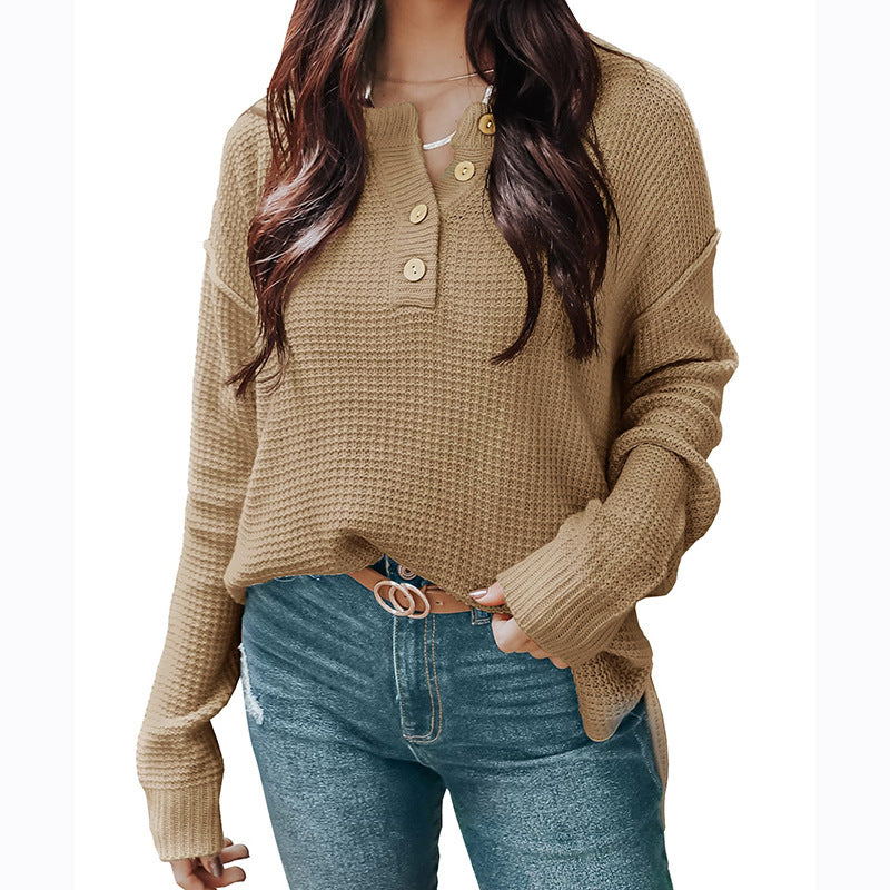 Damen lässiger Oversized Pullover mit Knopfleiste und strukturiertem Material Heidi-Mode