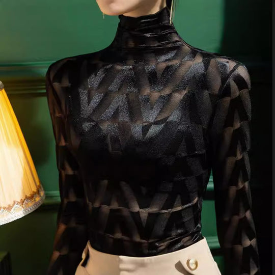 Damen Elegantes Rollkragenoberteil mit geometrischem Muster und transparenten Akzenten Heidi-Mode