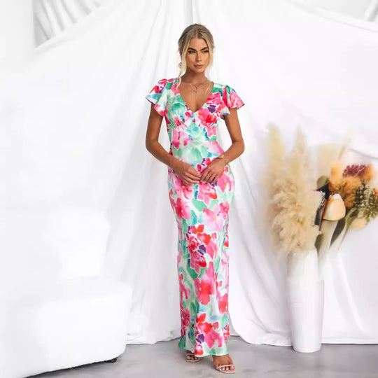 Heidi-Mode | Frühling Sommer Blumen Frisch Süß V-Ausschnitt Lotus Blatt Ärmel Mittel-Lang Kleid