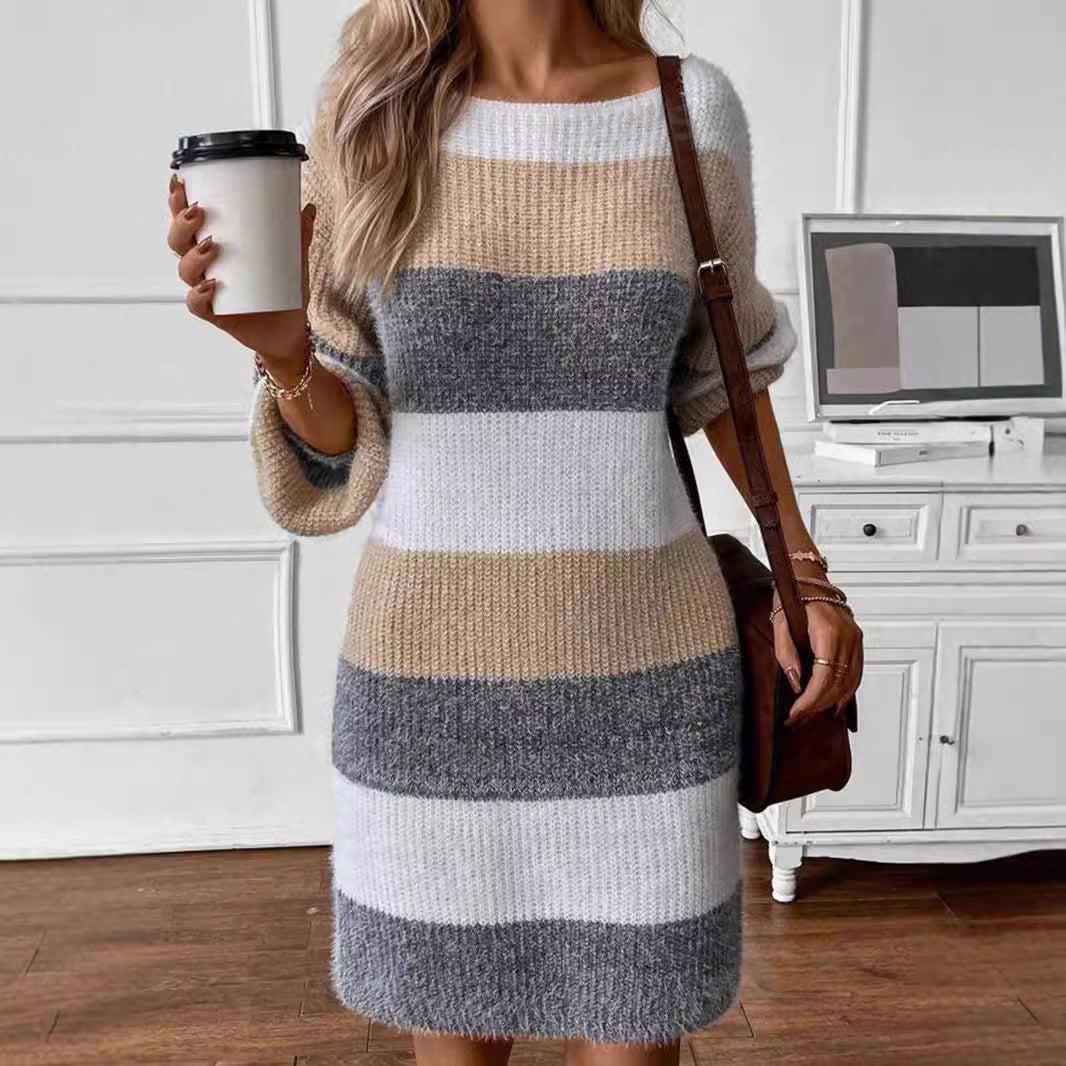 Damen gestreiftes Strickkleid mit weitem Schnitt Heidi-Mode
