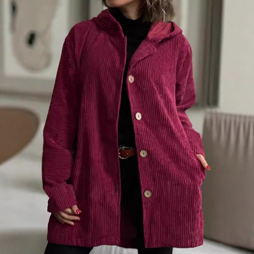 Damen Lässige cordjacke mit Kapuze und großen Knöpfen Heidi-Mode