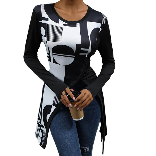 Damen Langarmshirt mit grafischem Muster und asymmetrischem Saum Heidi-Mode